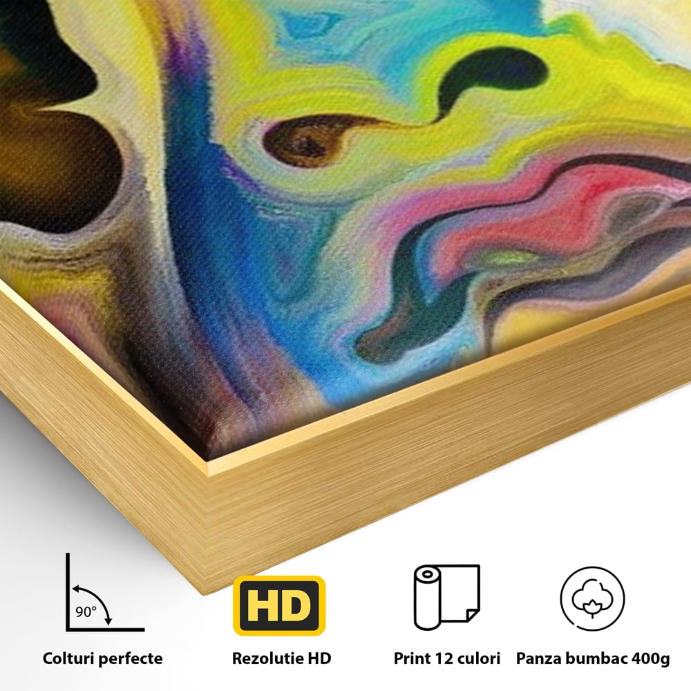 Detaliu al suprafetei: tablou canvas cu chip abstract si fluture, in rama de aluminiu auriu